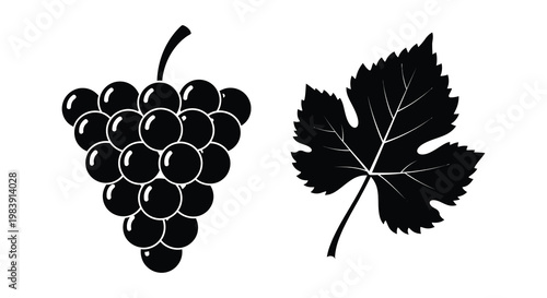 Black grape bunch and maple leaf graphic design bold silhouette