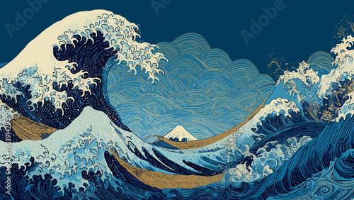 japanese traditional great wave illustration with mount fuji and golden line art details