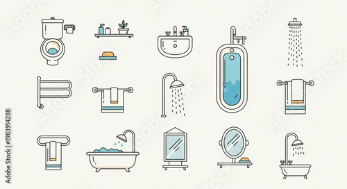 Collection of Bathroom Fixtures and Accessories Icons.