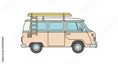 Vintage camper van with surfboard.