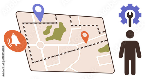 Navigation, route planning, location tracking, smart notifications, logistics, geolocation algorithm. A map with location markers, alert symbol and a person under a gear icon. Navigation and route