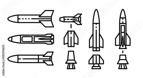 Line Art Set of Missile and Rocket Icons.