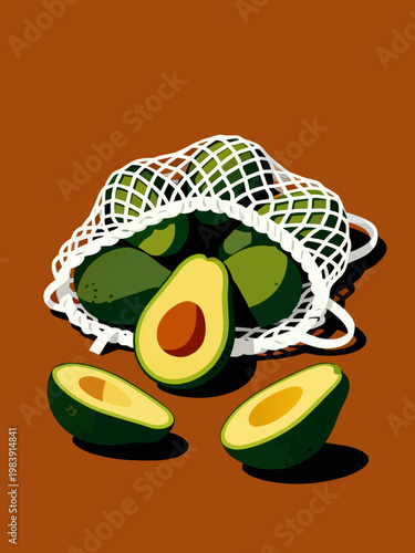 Fresh Avocado Halves in Mesh Bag – Modern Minimal Illustration
