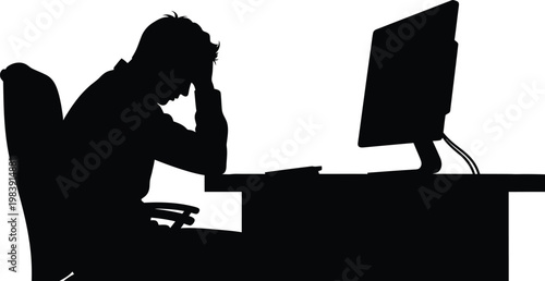 Frustrated Man Sitting at Desk with Computer