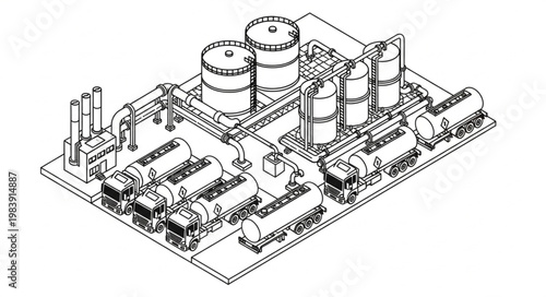 Isometric industrial plant complex with storage tanks and machinery.