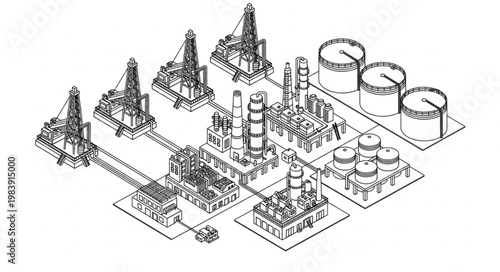 Isometric Industrial Refinery Plant Illustration Showing Complex.