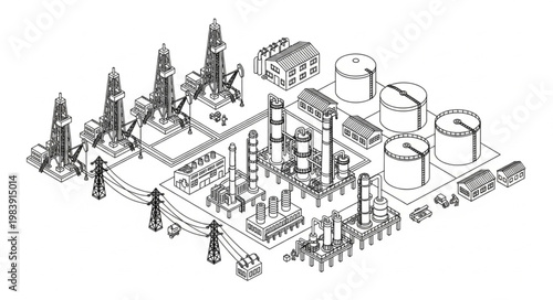 Isometric industrial refinery plant with storage tanks.