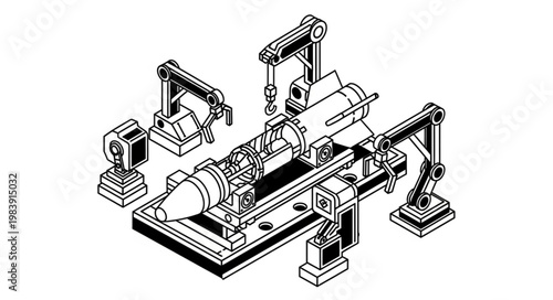 Isometric industrial robotic assembly machine with fuselage.