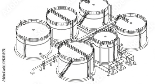Large Industrial Cylindrical Storage Tanks At Facility.