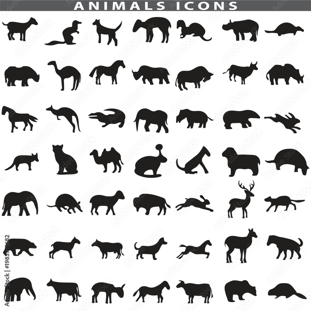 Fototapeta premium Animal silhouette collection. Set of black animal silhouette. Animal icons. Mammal, fish, insects, birds, reptiles silhouette collection. Wild, domestic animals icons