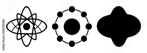Quantum computing qubit atom icon set with solid black icon style featuring quantum, atom, qubit with vector illustration and design
