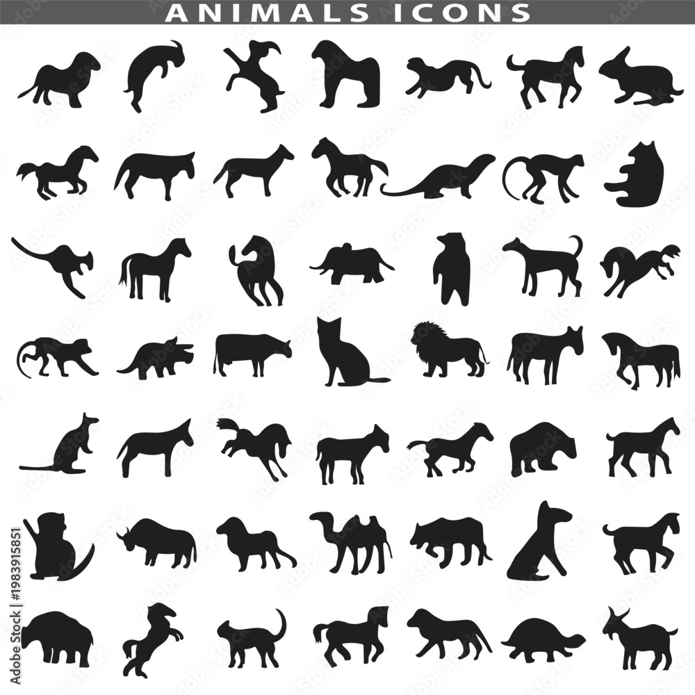 Obraz premium Animal silhouette collection. Set of black animal silhouette. Animal icons. Mammal, fish, insects, birds, reptiles silhouette collection. Wild, domestic animals icons