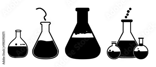 Lab beaker set with solid black icon on white background featuring laboratory flask, chemicals, and syringe with black and white illustration and vector graphic