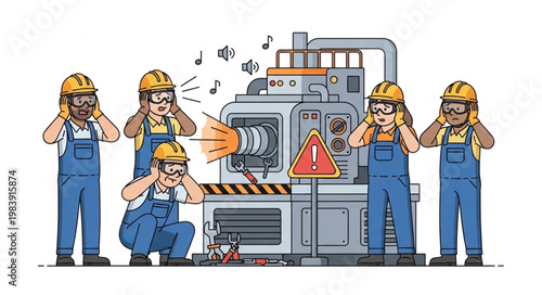 Factory workers covering ears near loud industrial machine with warning sign.