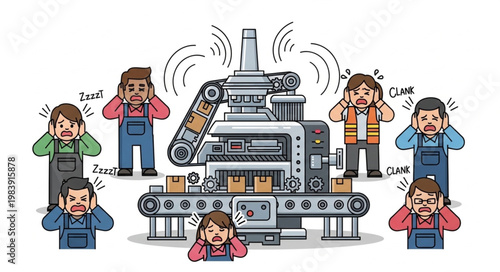 Factory Workers Covering Ears Near Loud Machine.