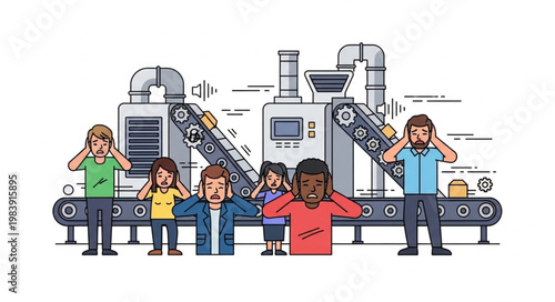 Factory workers covering ears near noisy machinery on assembly line.