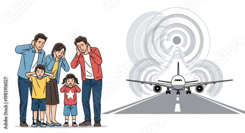 Family covering ears from airplane noise on runway.