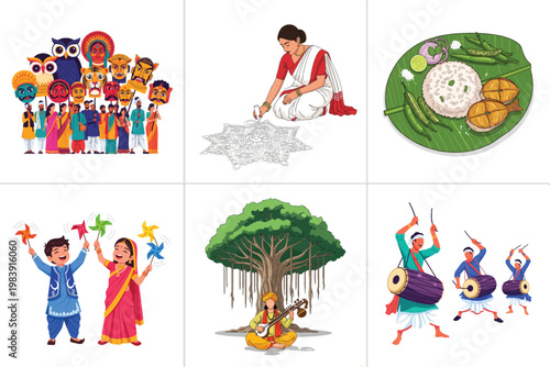 Bengali New Year Traditions Collection with Cultural Masks Food Music and Art