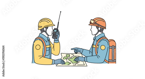 Two workers with safety gear communicating.