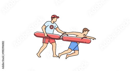 Lifeguard rescuing man with flotation device.