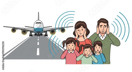Family covering ears from airplane noise pollution on runway.