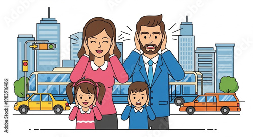 Family covering ears from city noise pollution illustration.