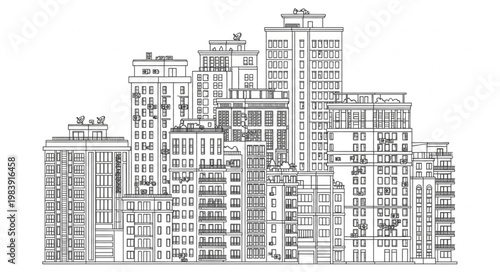 Detailed Architectural Sketch of a Dense City Skyline.