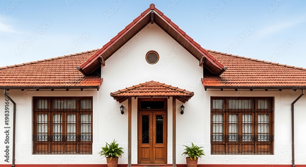 Fototapeta premium Elegant white residential building with a traditional red tiled roof and charming wooden entrance, showcasing classic architectural design under a clear blue sky