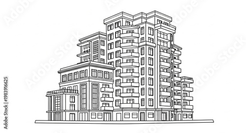 Detailed Architectural Sketch of a Modern Apartment Building Facade.