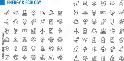 Energy and ecology line icons set with renewable power recycling sustainability and environmental technology symbols minimal outline vector collection