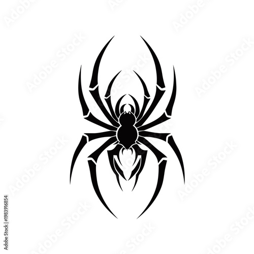 Stylized black spider silhouette with sharp legs and fangs on a white background, resembling a tribal tattoo design.