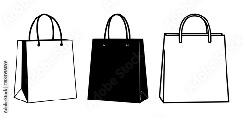 Paper shopping bag set with solid black icon design featuring bag, shopping, retail with black and white and simple illustration