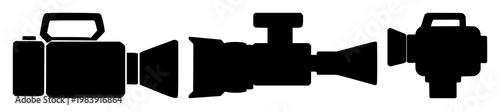 Video camera set with solid black icon on white background featuring icon, design, illustration with technology and media