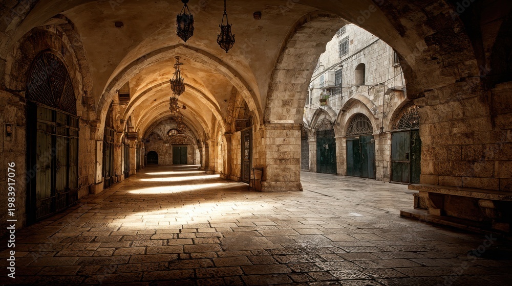 Fototapeta premium Sunlit ancient stone alleyway with vaulted arches and cobblestone floor