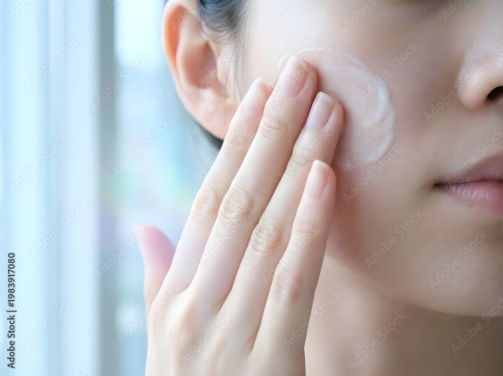 Naklejka premium Close-up of a woman applying white moisturizing cream to her cheek for a glowing and healthy skin beauty routine.