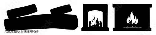 Fireplace icon set with solid black line illustration on white background featuring fire, stove, hearth with cozy and modern