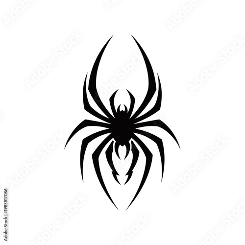 A striking black tribal spider silhouette with sharp, angular legs and fangs.