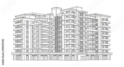 Detailed Sketch of a Large Apartment Building Facade.