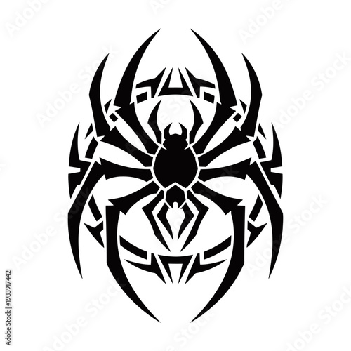 A striking black tribal spider tattoo design with intricate patterns and sharp, angular legs.