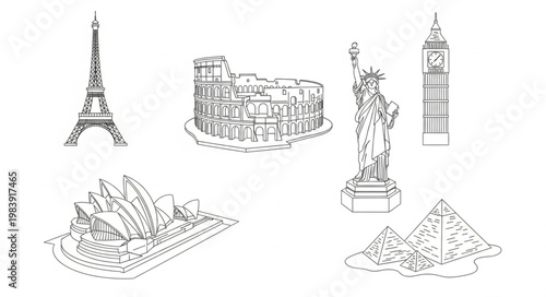 Famous Landmarks Collection Sketch Style.