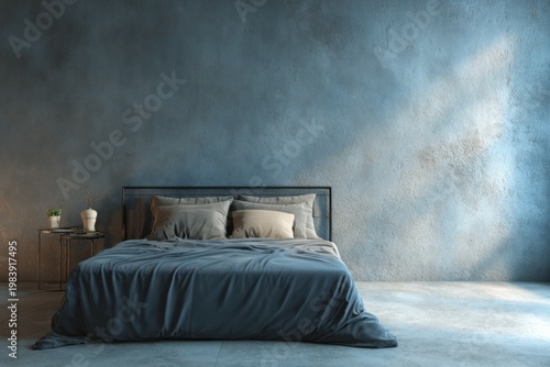 Minimalist bedroom with textured blue wall and rumpled bed.