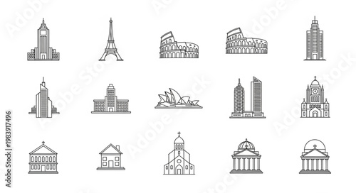 Collection of famous landmark building sketches and icons.