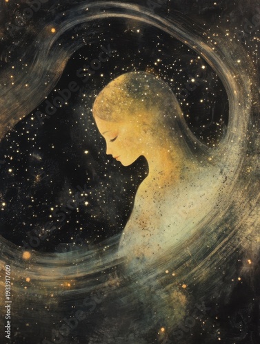 Abstract feminine figure surrounded by stars and swirling black voids, glowing softly in cosmic light 