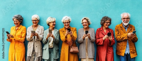 Seven older adults standing in a row against a turquoise wall, wearing colorful coats and intently engaged with their smartphones