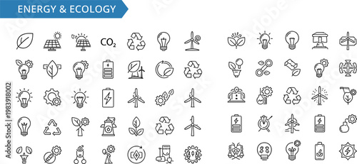 Energy and ecology line icons set with renewable power recycling sustainability and environmental technology symbols minimal outline vector collection