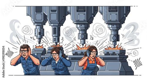 Factory workers cover ears from loud industrial machinery noise.