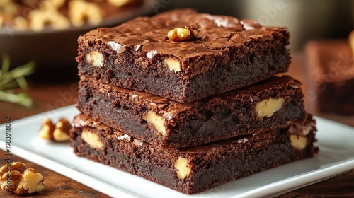 Stack of three fudgy chocolate brownies with walnut pieces on a white plate in a warm rustic setting, indulgent and decadent dessert