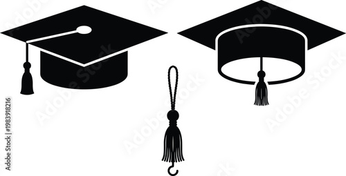 Graduation cap silhouette, mortarboard icon, tassel vector, academic ceremony symbol, education success, student achievement, university graduation, black cap, academic attire