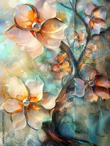 Abstract glassmorphic flowers growing on a fairy tale tree