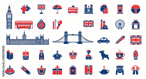 UK themed flat icons showcase London landmarks and symbols in elegant design